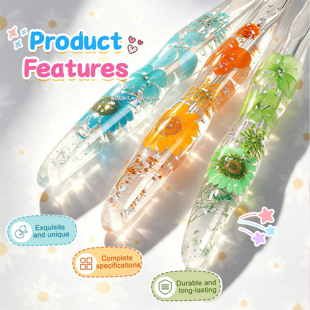Beautiful Crochet Hooks with Hand Made Handles of Dried Flowers and Clear Resin