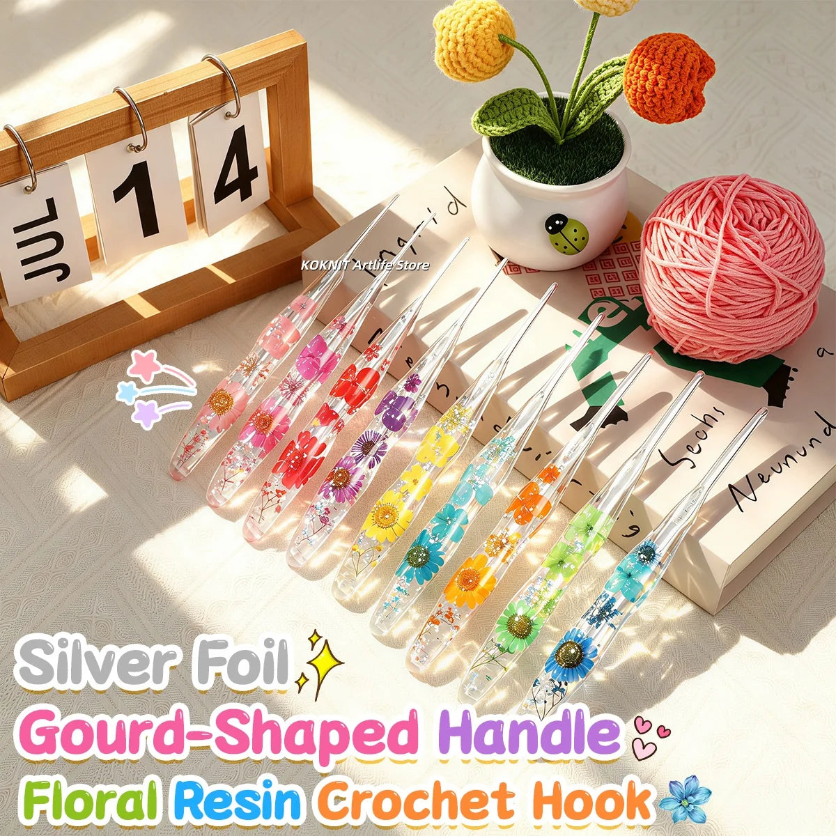 Beautiful Crochet Hooks with Hand Made Handles of Dried Flowers and Clear Resin