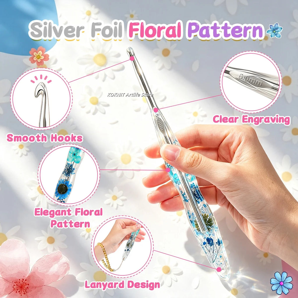 Beautiful Crochet Hooks with Hand Made Handles of Dried Flowers and Clear Resin