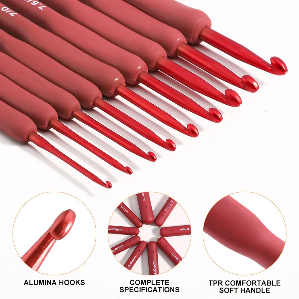 Set of 9 Aluminum Crochet Hooks with Ergonomic Silicone Handles