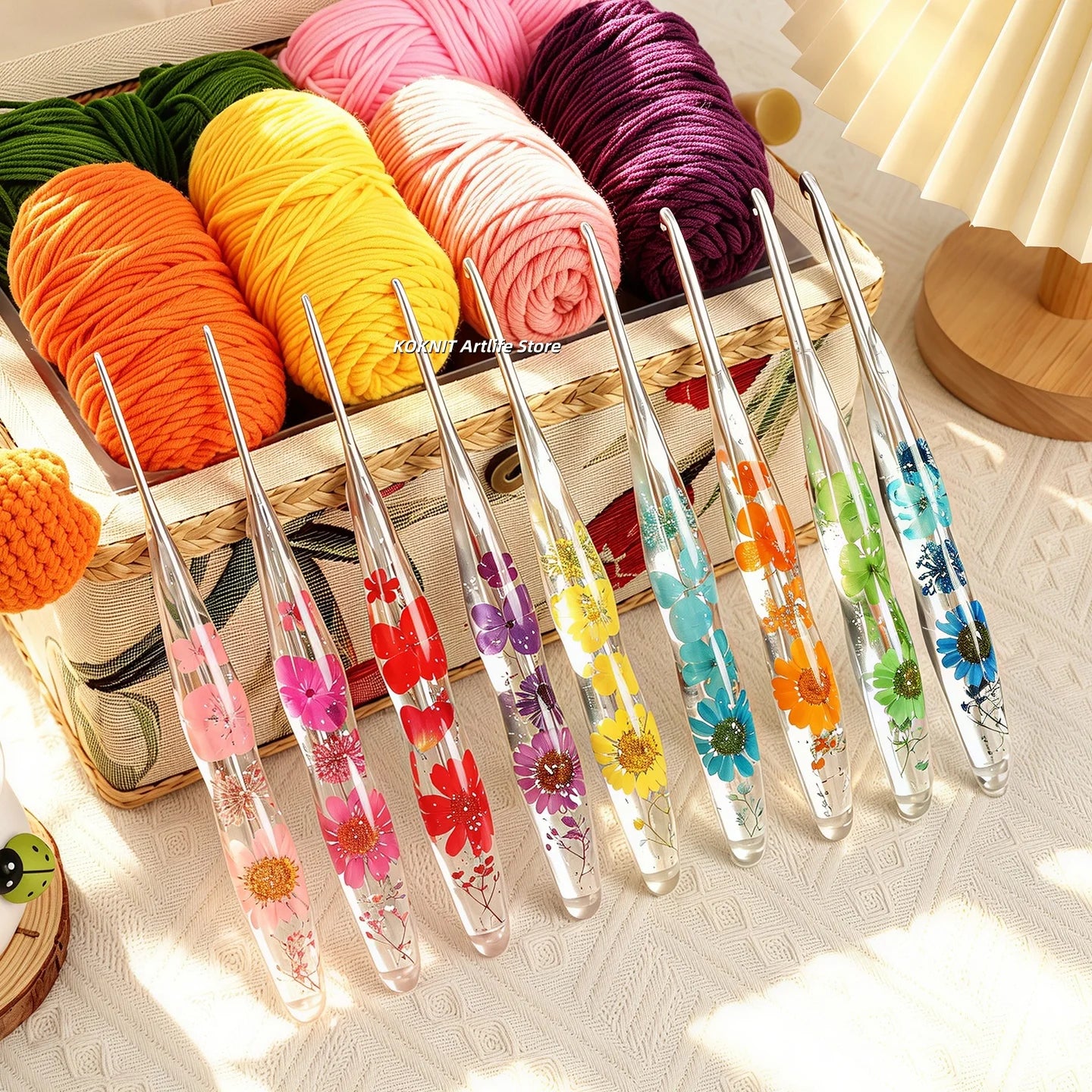 Beautiful Crochet Hooks with Hand Made Handles of Dried Flowers and Clear Resin