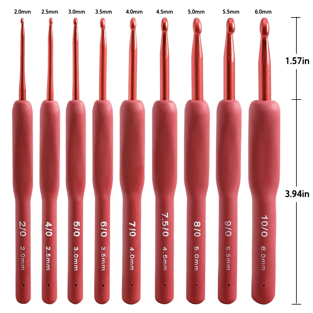 Set of 9 Aluminum Crochet Hooks with Ergonomic Silicone Handles