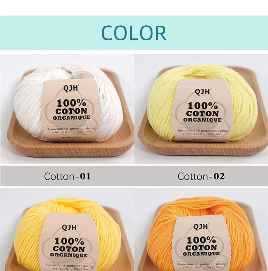 100% Organic Cotton Sport Yarn for Knitting and Crocheting, Pack of 2 balls - 1.76oz 136yards each, Dk weight