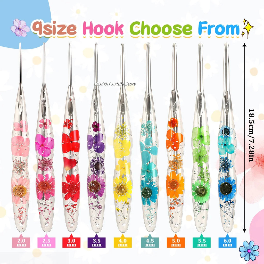 Beautiful Crochet Hooks with Hand Made Handles of Dried Flowers and Clear Resin