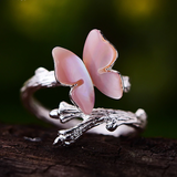 Butterfly on a Branch Handmade 925 Sterling Silver Fine Jewelry Ring in Pink or White Shell