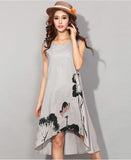 Cotton Linen Dress with Asymmetrical Hem and Abstract Floral Print
