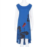 Cotton Linen Dress with Asymmetrical Hem and Abstract Floral Print