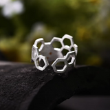 Bee on Honeycomb Adjustable Ring Handmade in 925 Sterling Silver