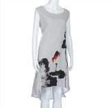 Cotton Linen Dress with Asymmetrical Hem and Abstract Floral Print
