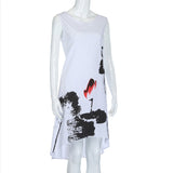 Cotton Linen Dress with Asymmetrical Hem and Abstract Floral Print