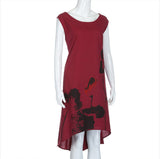 Cotton Linen Dress with Asymmetrical Hem and Abstract Floral Print