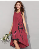 Cotton Linen Dress with Asymmetrical Hem and Abstract Floral Print