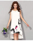 Cotton Linen Dress with Asymmetrical Hem and Abstract Floral Print