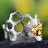 Bee on Honeycomb Adjustable Ring Handmade in 925 Sterling Silver