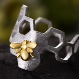Bee on Honeycomb Adjustable Ring Handmade in 925 Sterling Silver