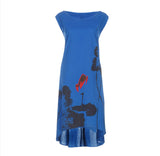 Cotton Linen Dress with Asymmetrical Hem and Abstract Floral Print