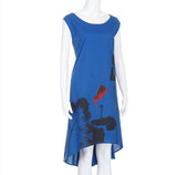 Cotton Linen Dress with Asymmetrical Hem and Abstract Floral Print