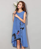 Cotton Linen Dress with Asymmetrical Hem and Abstract Floral Print