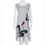 Cotton Linen Dress with Asymmetrical Hem and Abstract Floral Print