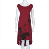 Cotton Linen Dress with Asymmetrical Hem and Abstract Floral Print