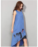 Cotton Linen Dress with Asymmetrical Hem and Abstract Floral Print