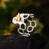 Bee on Honeycomb Adjustable Ring Handmade in 925 Sterling Silver