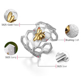 Bee on Honeycomb Adjustable Ring Handmade in 925 Sterling Silver