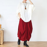 Comfortable, Elastic-Waist,  Asymmetric Linen Pants with Pockets