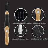 Ergonomic Wood and Silicone Handled Rechargeable LED Light Up Crochet Hook 11 in 1 Set in Sizes B-L (2.5-8 mm)