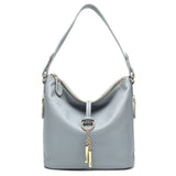 Stylish Leather Bucket Shoulder Handbag with Zipper and Decorative Metal Closure