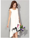 Cotton Linen Dress with Asymmetrical Hem and Abstract Floral Print