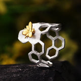Bee on Honeycomb Adjustable Ring Handmade in 925 Sterling Silver