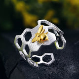 Bee on Honeycomb Adjustable Ring Handmade in 925 Sterling Silver