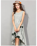 Cotton Linen Dress with Asymmetrical Hem and Abstract Floral Print