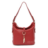 Stylish Leather Bucket Shoulder Handbag with Zipper and Decorative Metal Closure