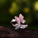Butterfly on a Branch Handmade 925 Sterling Silver Fine Jewelry Ring in Pink or White Shell